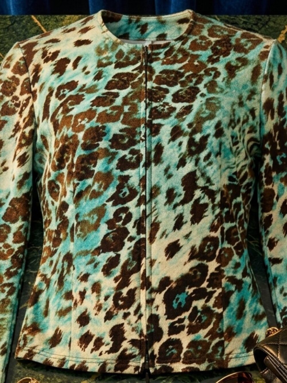 Joseph Ribkoff Aqua Leopard Print Paillette Zip Blazer Jacket | Size 12 - Picture 7 of 9